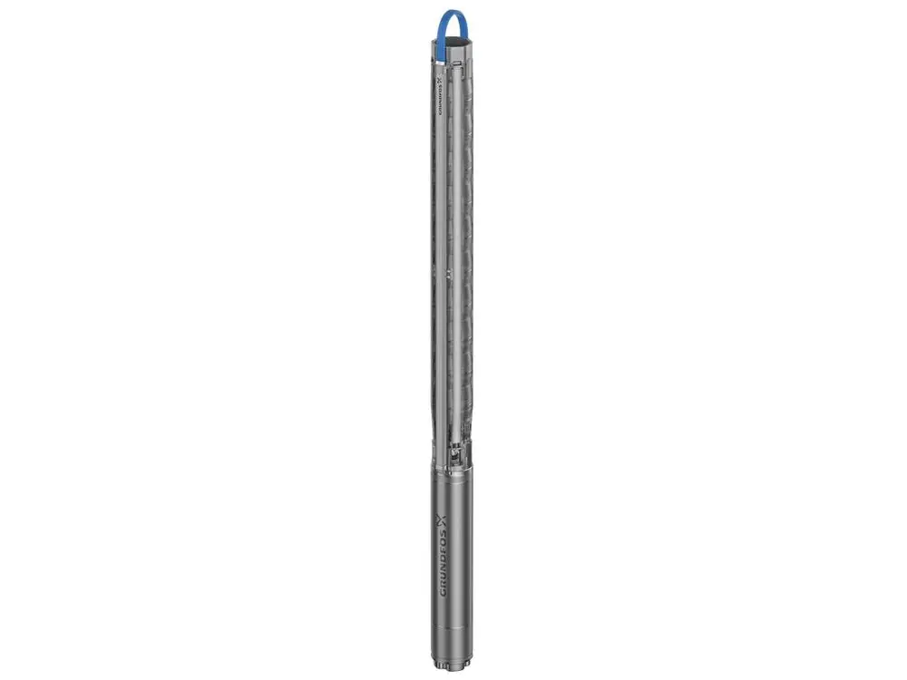 Vertikale Unterwasserpumpe in silberner Ausführung mit blauer Befestigungsschlaufe, hergestellt von Grundfos.
